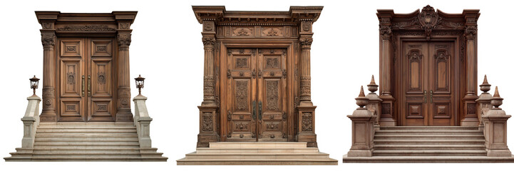 Fototapeta premium Set of Luxurious carved wooden double door with symmetrical artistic patterns on transparent png background. Ai generated