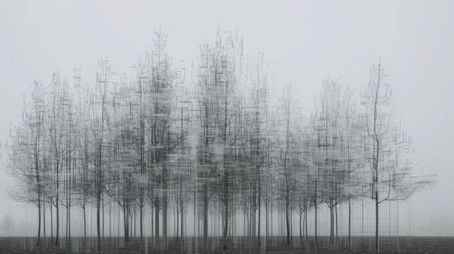 Abstract Digital Forest Of Data Code Trees Standing In Dense Foggy Mist