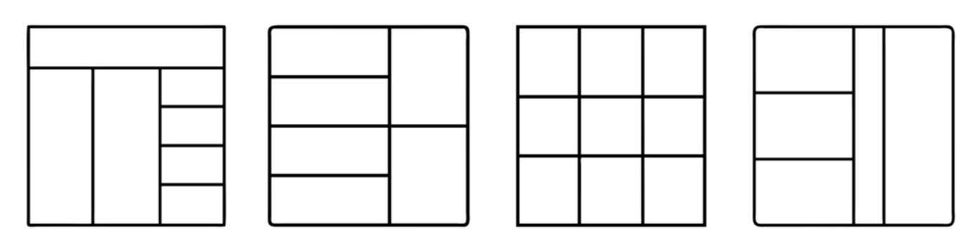 Four variations of geometric layouts with black border lines and rounded corners