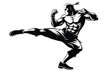Obraz premium a kickboxer in a fighting stance silhouette line art vector illustration