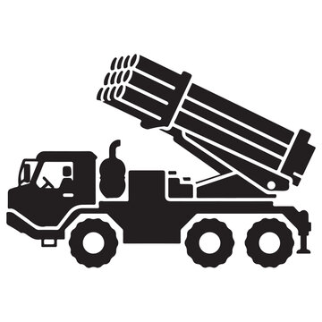 Black silhouette of a multiple launch rocket system truck with elevated missile tubes, representing modern military artillery and defense technology on a clean white background.