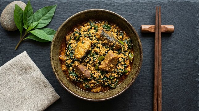 Egusi Soup with Melon Seeds and Bitter Leaf Rich and Indulgent on Wooden Chopstick Rest in Zen Setting Overhead Flat Lay Food Stock Photo