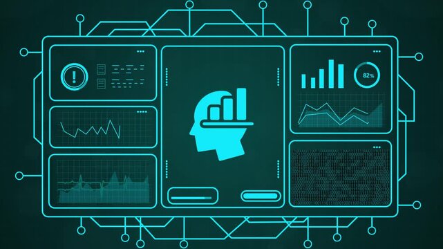 futuristic ai dashboard interface with data analytics and digital brain visualization,4k futuristic cloud computing dashboard with glowing blue hand icon motion graphics