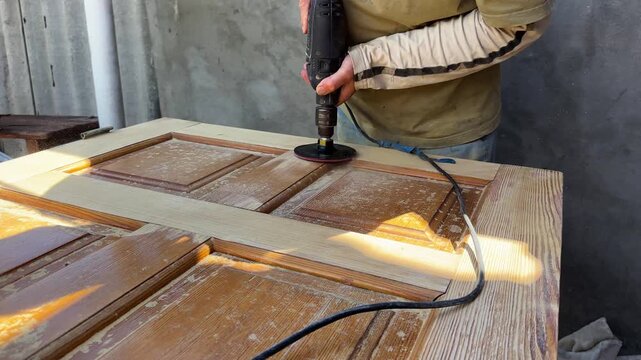 Male hands use electric polishing machine to smooth and refine wooden door surface. The rotating pad carefully treats wood, enhancing texture and finish during detailed restoration or renovation work