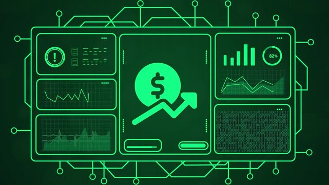  financial dashboard visualizing global market growth and data analytics,4k motion graphics animated dollar sign rising in futuristic financial tech dashboard