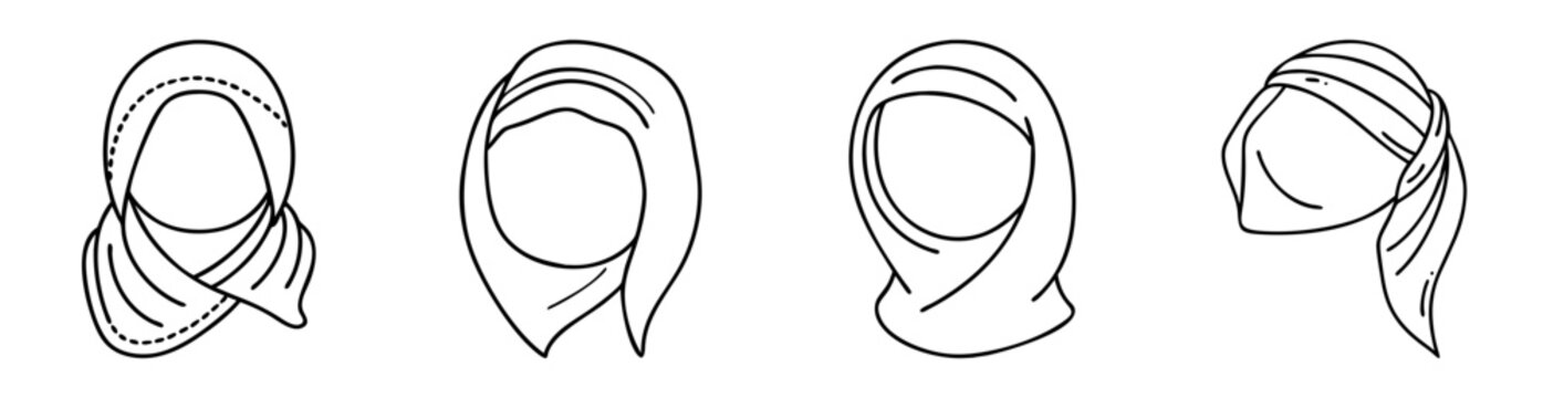 Four distinct outline illustrations of different styles of the Muslim hijab