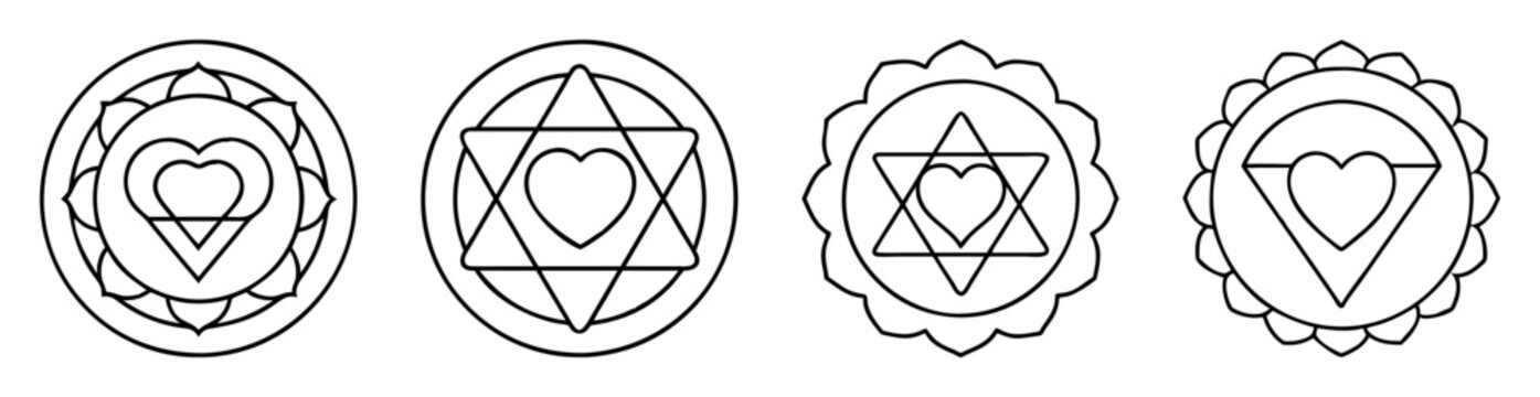 Four variations of the Anahata or heart chakra symbol outline in black and white