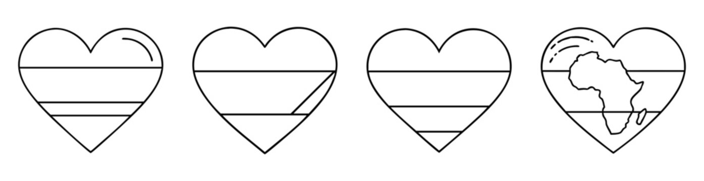 Four abstract hearts with unique internal lines and continent depiction in black