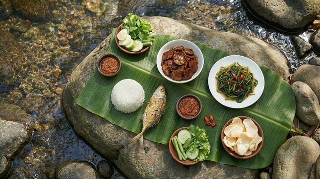 Authentic Sundanese traditional meal featuring steamed white rice served with salted peda fish, stir-fried jengkol, and saut&eacute;ed kangkung on a rustic wooden table with banana leaf. Natural lighting cre