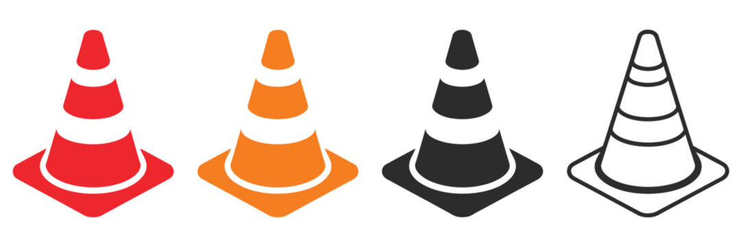Traffic cone icon set road safety and construction zone warning symbols, construction site traffic control icons collection, hazard caution and roadwork barrier sign concept
