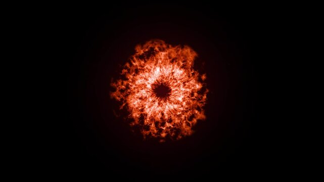 Powerful fire explosion from a central dark core, with realistic fiery rings and sparkling embers expanding rapidly, creating a dynamic visual effect for gaming intros and dramatic video openers. 4k