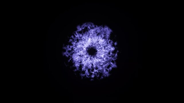 Radiant violet energy blast with mystical flames and a dark central eye, exploding in a perfect sphere with glowing sparks and light waves on a black background, ideal for epic cinematic titles. 4k