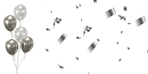 Luxury silver balloons and confetti celebration party decoration 3D render, 3d render of Celebration banner with silver and clear balloons floating and confetti. © MD AL AMIN
