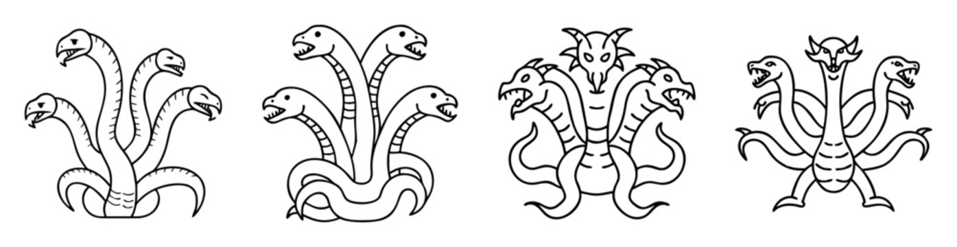 Stylized depictions of the mythical Hydra creature with multiple heads in black lines
