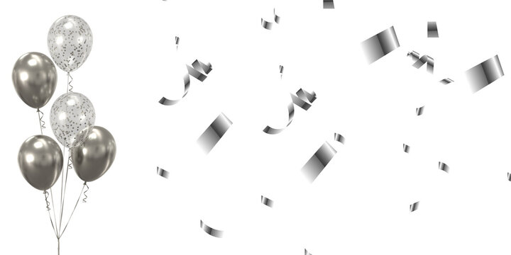 Luxury silver balloons and confetti celebration party decoration 3D render, 3d render of Celebration banner with silver and clear balloons floating and confetti.