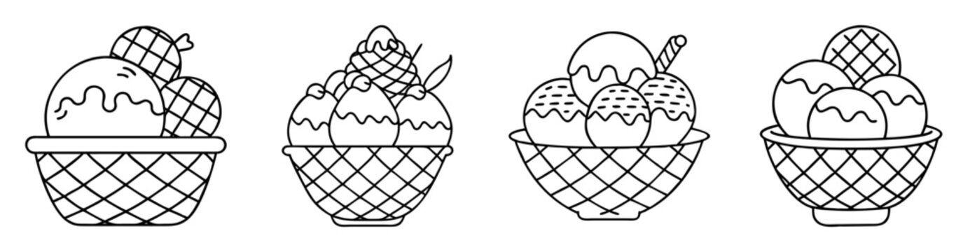 Four ice cream sundaes in waffle bowls, line art style, vector image