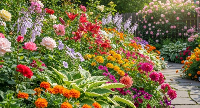 A picturesque garden path winding through a vibrant display of colorful summer flowers, with roses, marigolds, and hostas blooming brightly, creating a serene outdoor scene