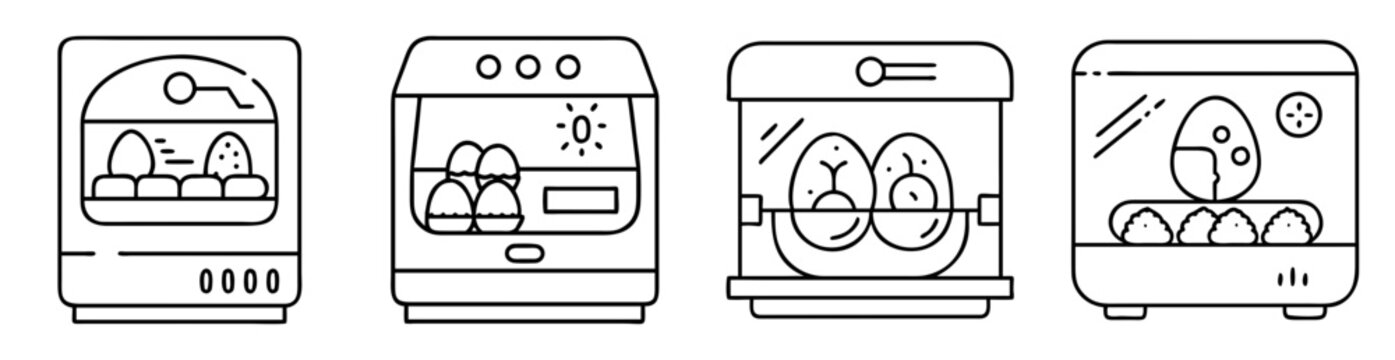 Four distinct illustrations of egg incubators with various designs and features