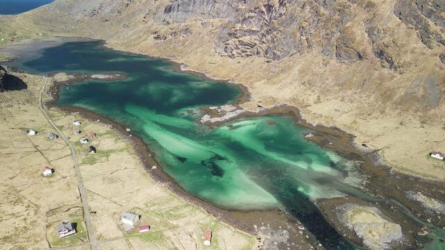 Aerial images of Vindstad in Lofoten, Norway, drone footage, 4k 30fps