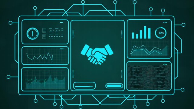 Digital handshake icon on futuristic HUD interface with data charts and graphs, representing agreement and technology