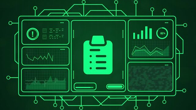 Digital interface showing data analysis and checklist, futuristic technology screen with charts and graphs