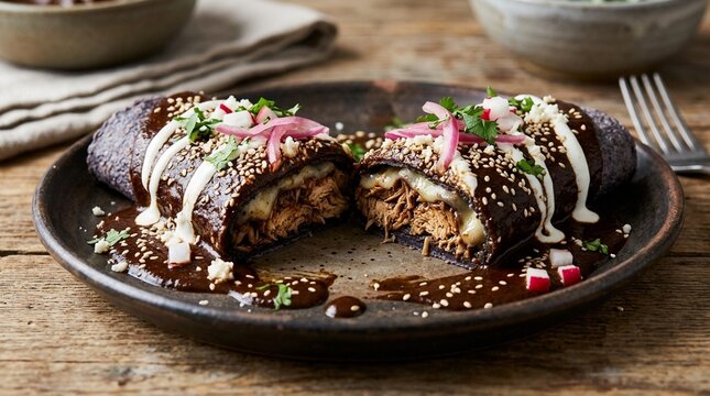 Mole Enchiladas on Blue Corn Tortillas with Sesame Vibrant and Fresh with Sauce Drizzle and Garnish in Close Frame Cross Section Cut Food Stock Photo