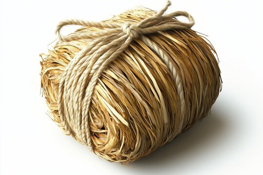 Small bundle of natural straw tied with a fiber rope isolated on a white background.