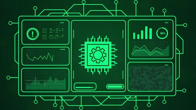 Futuristic digital interface with glowing green circuits and a central processor chip, showing data charts and graphs on screen.