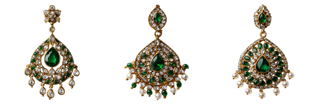 Set of Antique style gold kundan kalangi with colorful stones and fine engraving on transparent png background. Ai generated