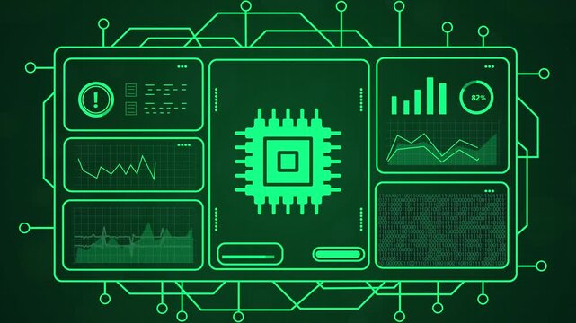 Digital interface displaying a central computer chip surrounded by data analytics graphs and charts on a futuristic green background