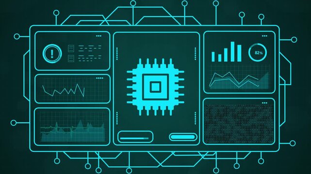 Futuristic digital interface displaying glowing blue circuit board and data analysis on a dark background, 4k video
