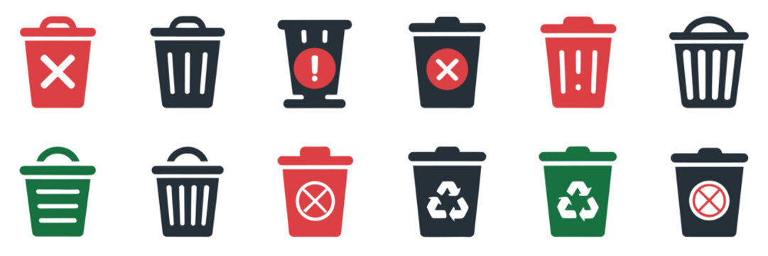 Trash bin and recycle icon pack garbage waste delete disposal symbols in solid and outline, waste sorting and recycling bin icon set collection, environmental cleanup and garbage disposal concept