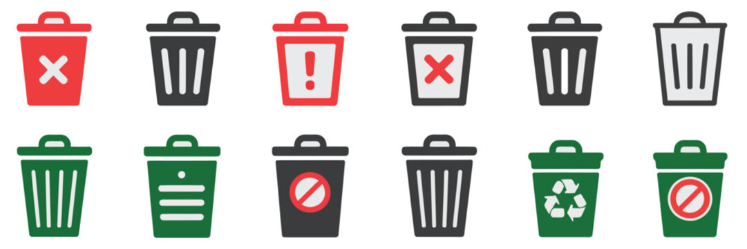 Trash bin and recycle icon pack garbage waste delete disposal symbols in solid and outline, environmental waste management and sorting concept icons, recycling and refuse removal system graphics