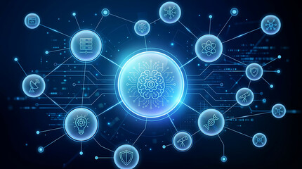 Obraz premium Futuristic Digital Network with Central AI Brain Symbolizing Global Technology Connections and Innovative Data Sharing Concepts