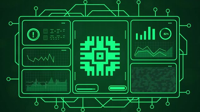 Digital interface showing glowing green circuit board schematic with data visualizations and graphs, futuristic technology concept