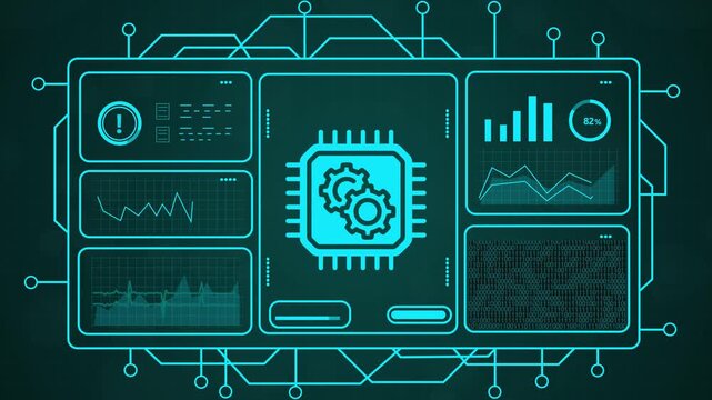 Futuristic digital interface with glowing blue circuit board lines and data charts on dark background.