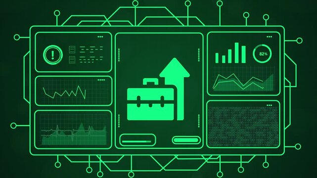 Futuristic digital interface displaying business growth, finance charts, and data analysis with glowing green elements, abstract technology concept