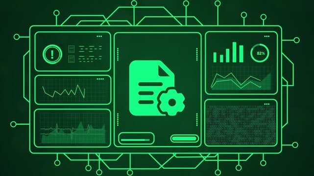 Digital dashboard displaying data analytics and document icon with gear, representing technology and information processing. Futuristic green screen interface with graphs and charts.