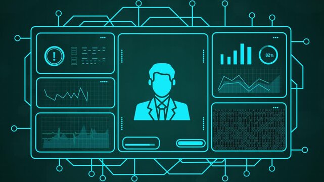 Digital interface displays user profile with data analytics charts and graphs, futuristic HUD concept