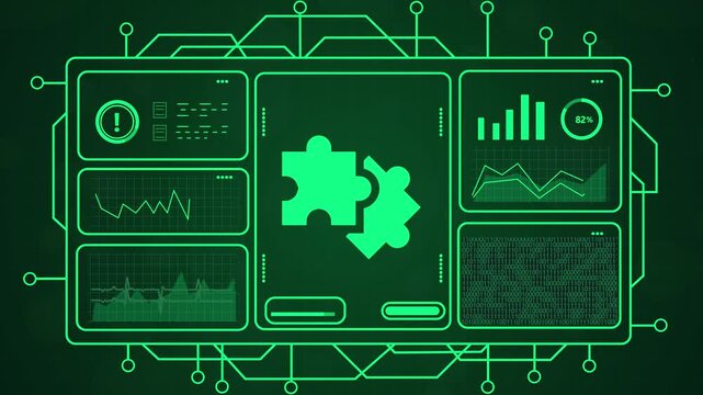 Green digital interface displays puzzle piece connecting with gear icon, representing technology integration and data analysis.