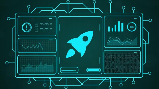 Futuristic Digital Interface with Rocket Ship Icon Launching, Data Graphs, and Circuitry Elements