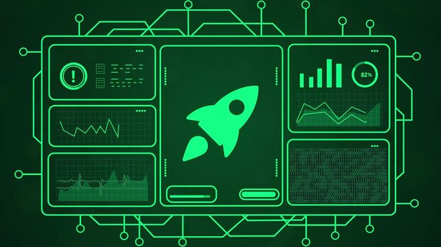 Green digital dashboard interface with rocket ship icon, data charts and graphs, 4k motion graphics