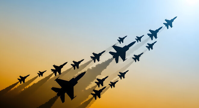 A group of fighter jets flying in formation at sunset