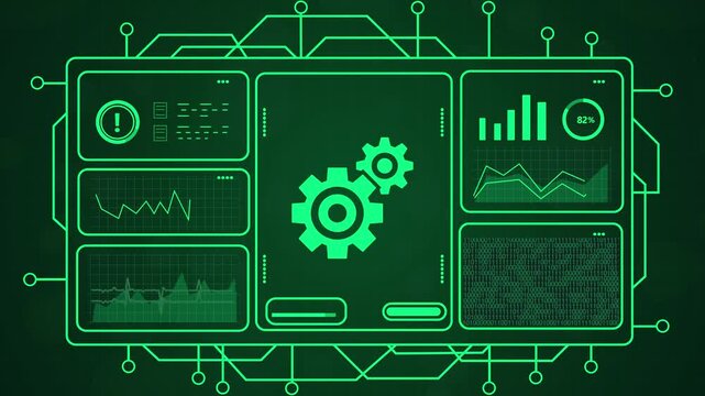 4k futuristic technology dashboard with glowing gears and data analytics motion graphics