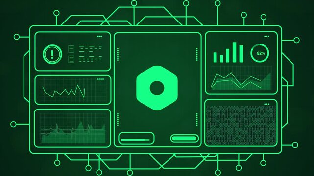 4k futuristic technology dashboard with glowing green data analytics and digital network motion
