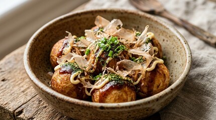 Fototapeta premium Takoyaki Octopus Balls with Bonito Flakes and Mayo Rustic Homestyle on Banana Leaf at Outdoor Night Market Overhead Flat Lay Food Stock Photo