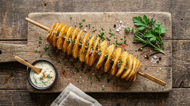 Tornado Potato Spiral Fried on Skewer Artisan Handcrafted with Fresh Herb Garnish in Overhead Flat Layout Overhead Flat Lay Food Stock Photo