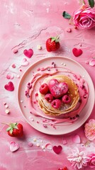 Fototapeta premium Valentine's Day pancake stack with heart shaped strawberry pink background