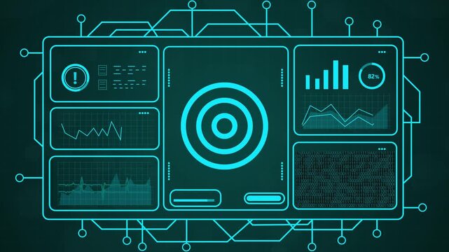 Futuristic digital interface with glowing blue data streams, charts, and circular target graphic on a dark background, 4K video footage.