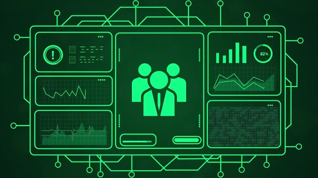 4k motion graphics teamwork concept with glowing green ui elements and data analytics